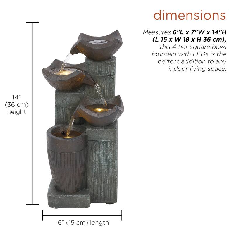 Alpine Corporation TZL414 14" 4 Tier Squared Bowls Fountain with LED Lights for Home, Office, and Desk Decor, Grey