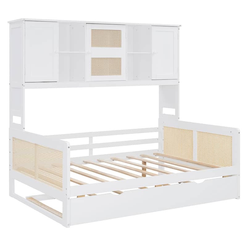 Full Size Wooden Daybed With Twin Size Trundle, and All-in-One Cabinet and Shelf