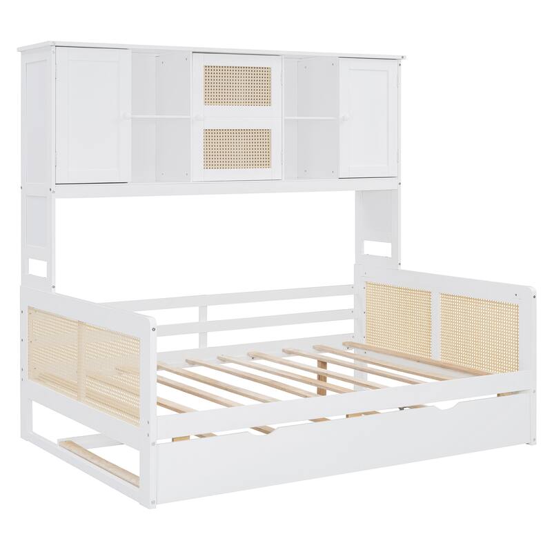 Wood Full Size Daybed with Built-In Storage Cabinet, Shelves & Twin Trundle, Rattan Accent, No Box Spring Needed