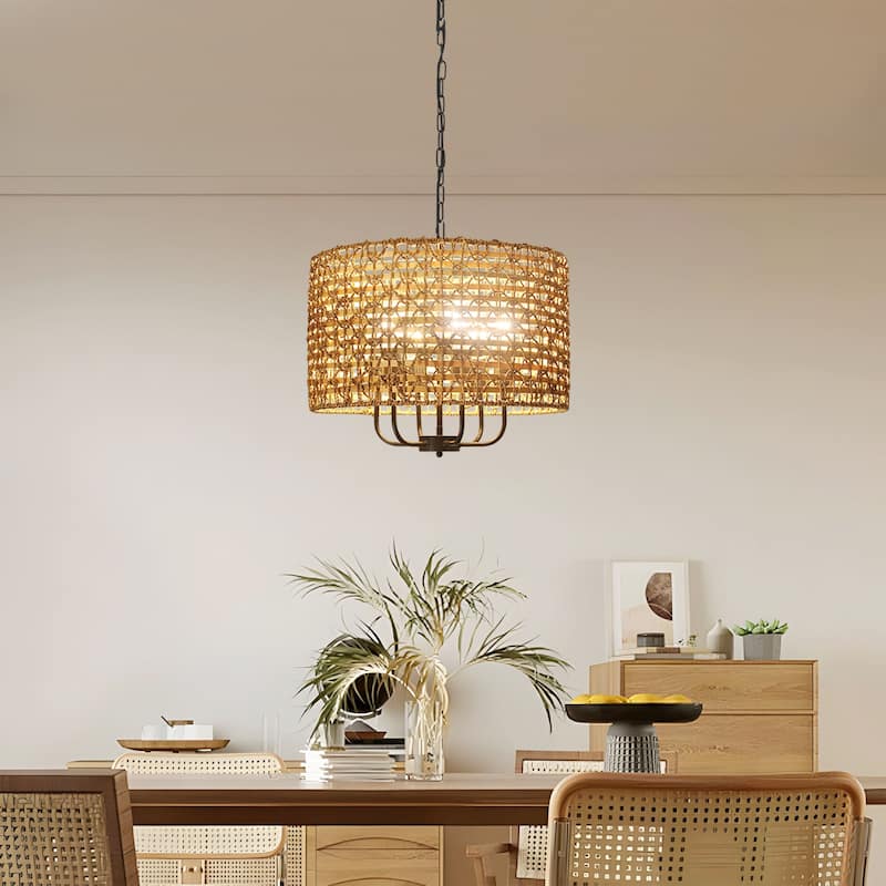 6-Light Boho Handwoven Rattan with Candle Chandelier