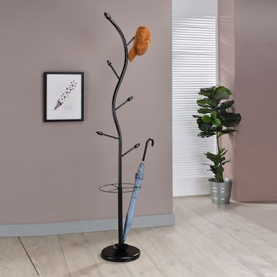 Metal 6-Hook Coat & Hat Rack with Umbrella Stand