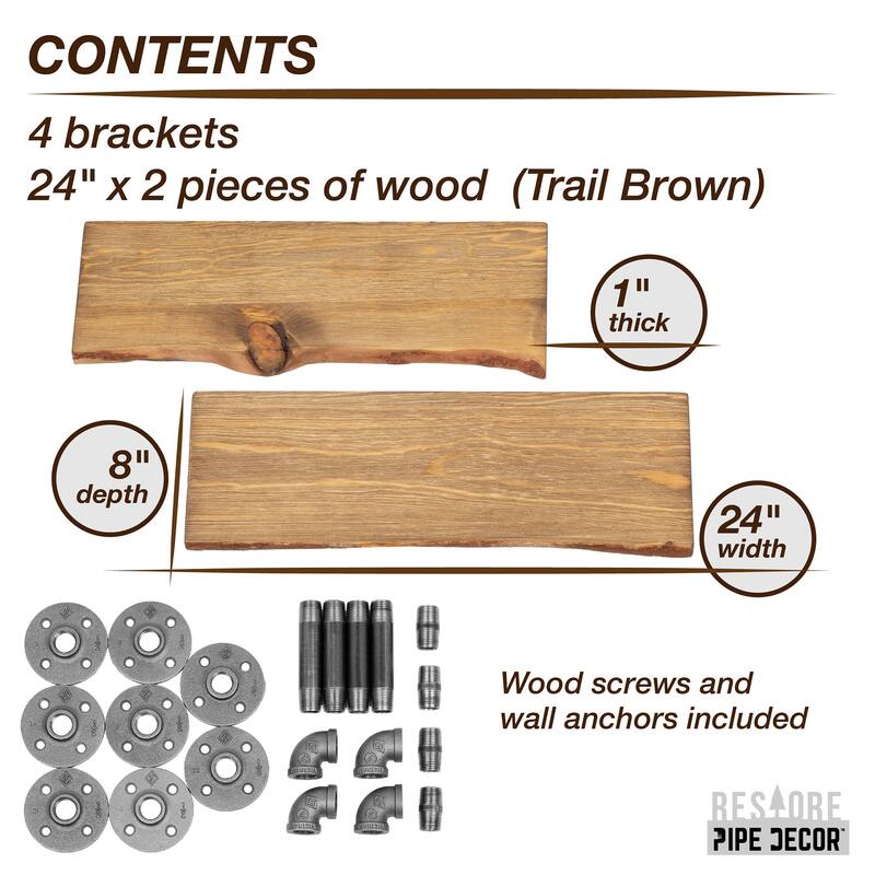 PIPE DECOR Live Edge Reclaimed Wood Shelf with Industrial Pipe Brackets, Set of 2