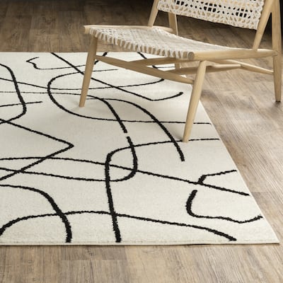 Quartz Mid-Century Abstract Lines Beige/ Black Area Rug