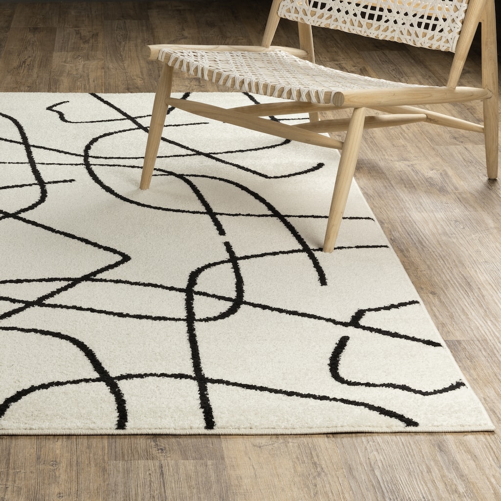 Quartz Mid-Century Abstract Lines Beige/ Black Area Rug