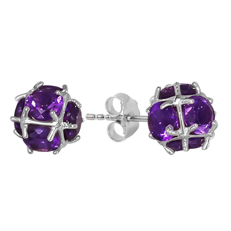 14K Solid Gold Stud Elegant Gemstone Earrings w/ Natural Amethysts - White