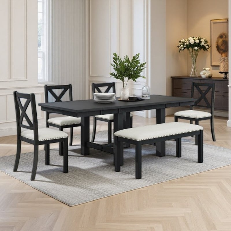6-Piece Extendable Dining Table Set,82 Inch Kitchen Table with Bench & 4 Upholstered Chairs,Double 11
