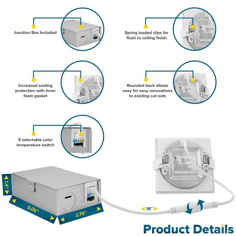 Sunperian 3 inch Square Ultra-Thin LED Recessed Light J-Box 5 Color Options 8W 540 Lumens Dimmable Wet Rated 6 Pack