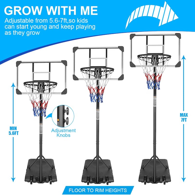 Roomfitters Portable Basketball Goal System with Stable Base and Wheels, Adjustable Height 5.6-7ft for Indoor Outdoor, Black