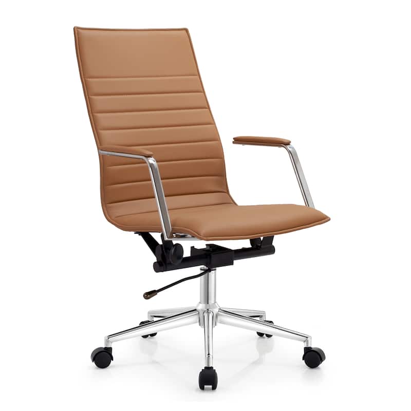 Modern High Back Office Chair Ribbed PU Leather Tilt Adjustable Conference Room Task Work Computer - Beige