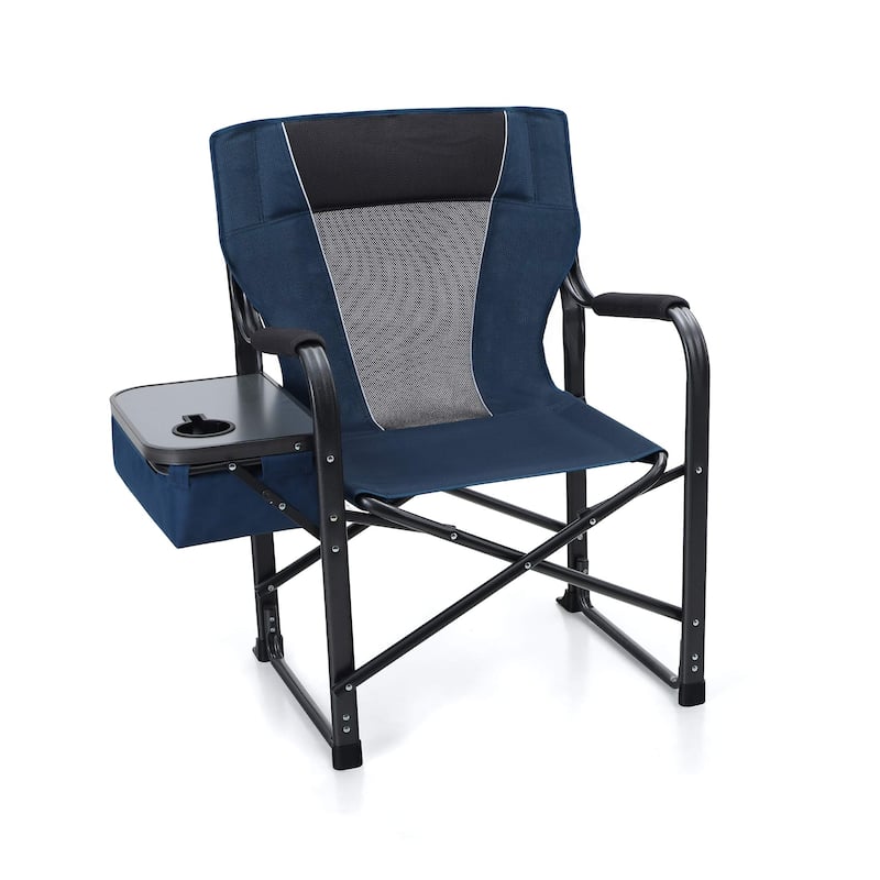 Metal Foldable Director's Chair Camping Chair with Cup Holder Storage Box - Blue