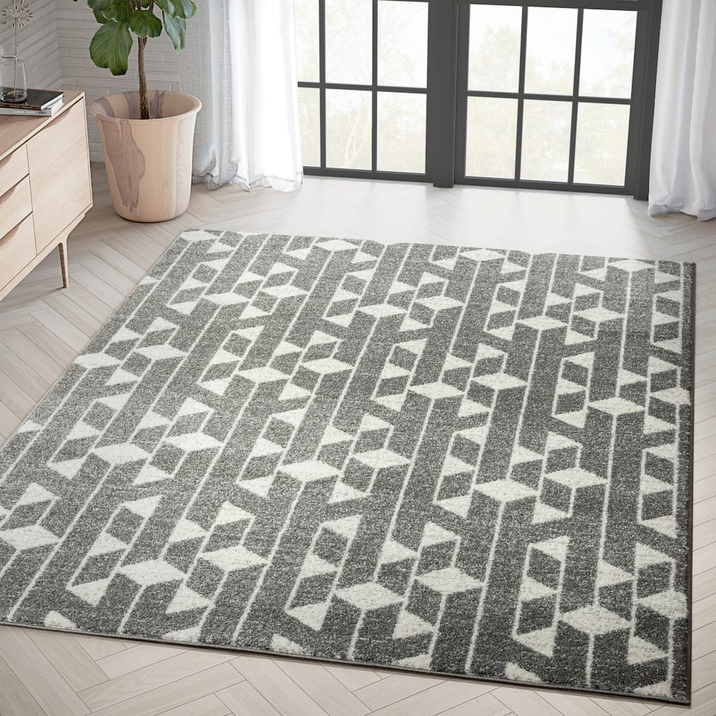 Abani Casa Contemporary Geometric Ivory and Grey Indoor Area Rug