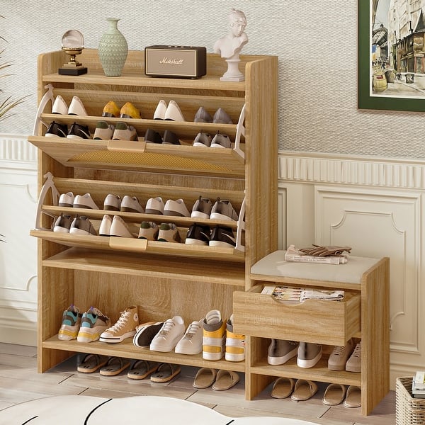 Entryway Cabinet ZeHuoGe Rattan Shoe Cabinet With Flip Drawers