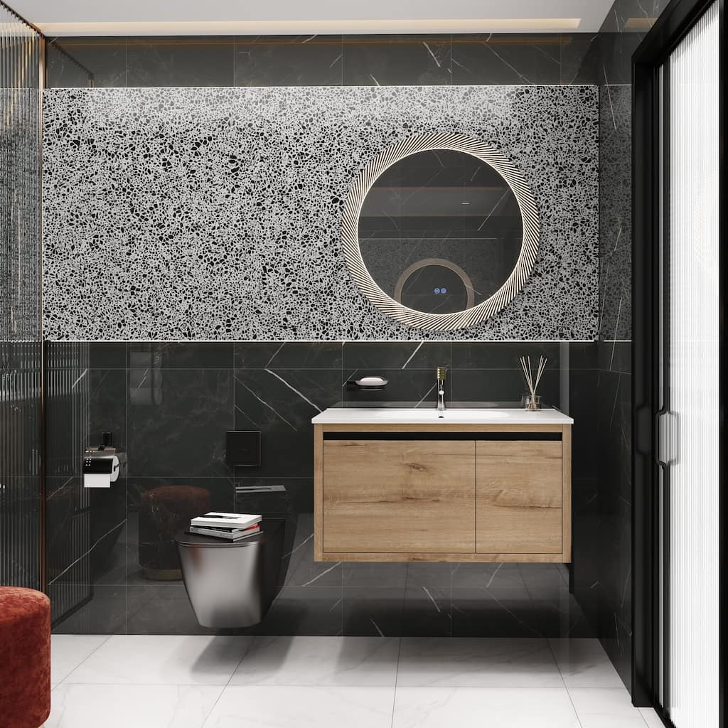 36 Inch Wall Mounted Plywood Bathroom Vanity Set with Integrated Gel Basin and Door