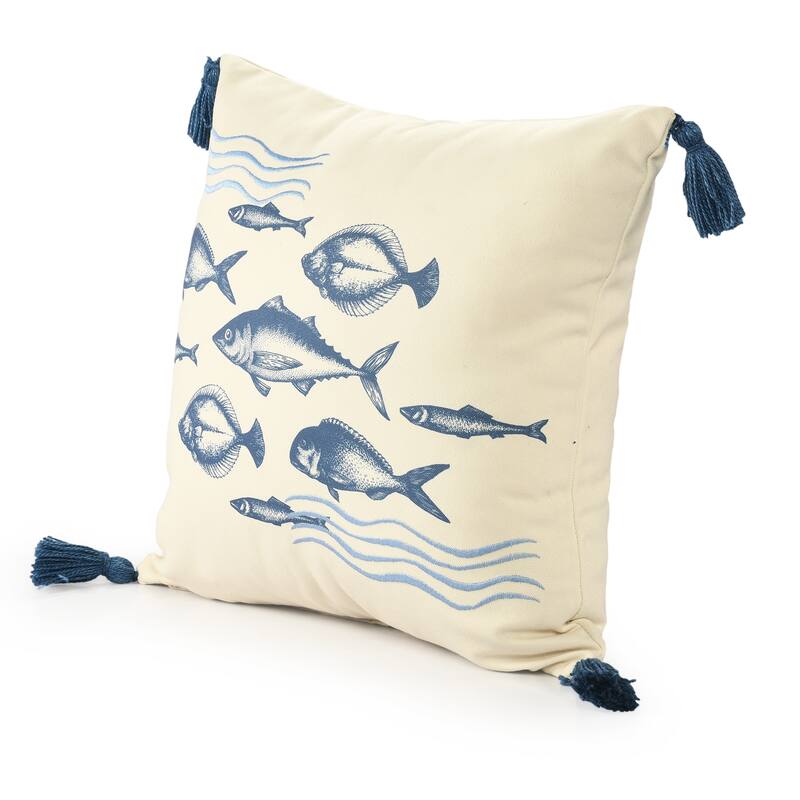 Sevita Denim Blue Coastal Fish-Patterned Polyester Throw Pillow, 20" x 20"