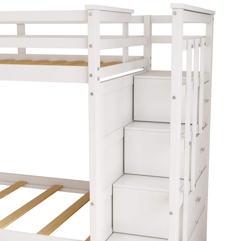 Solid Wood Bunk Bed , Hardwood Twin Over Twin Bunk Bed with Trundle and Staircase