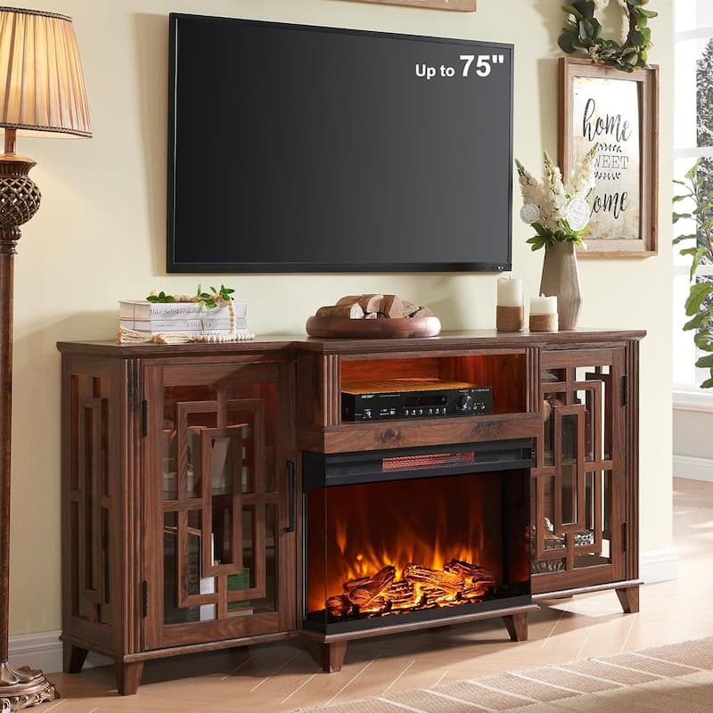 Farmhouse 3-Sided Glass Fireplace TV Stand for 75" TV, Media Console