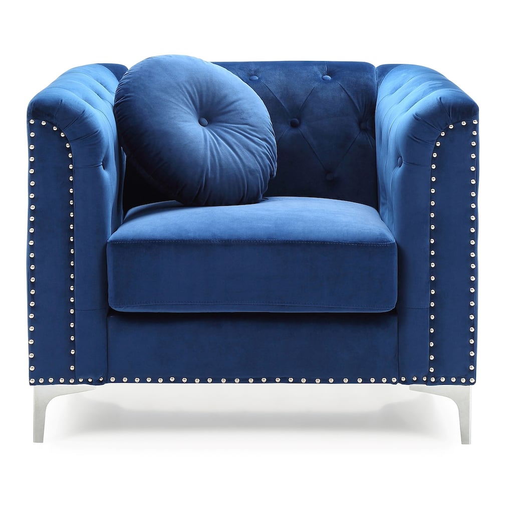 Velvet Button Tufted Accent Chair with Throw Pillow - 38" - Blue and Silver