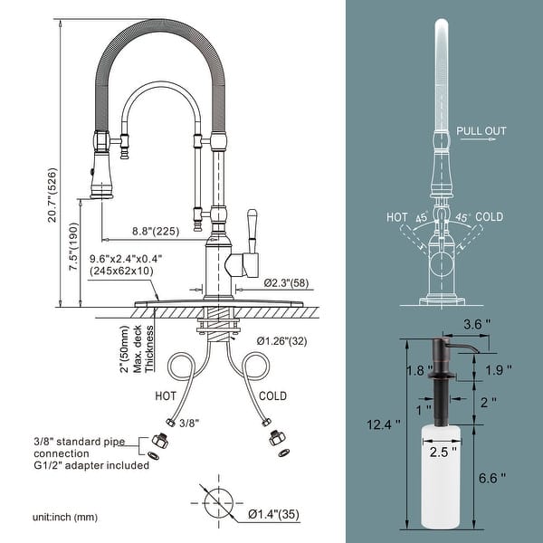 dimension image slide 3 of 12, WOWOW Single Handle Gooseneck Pull Down Sprayer Kitchen Faucet