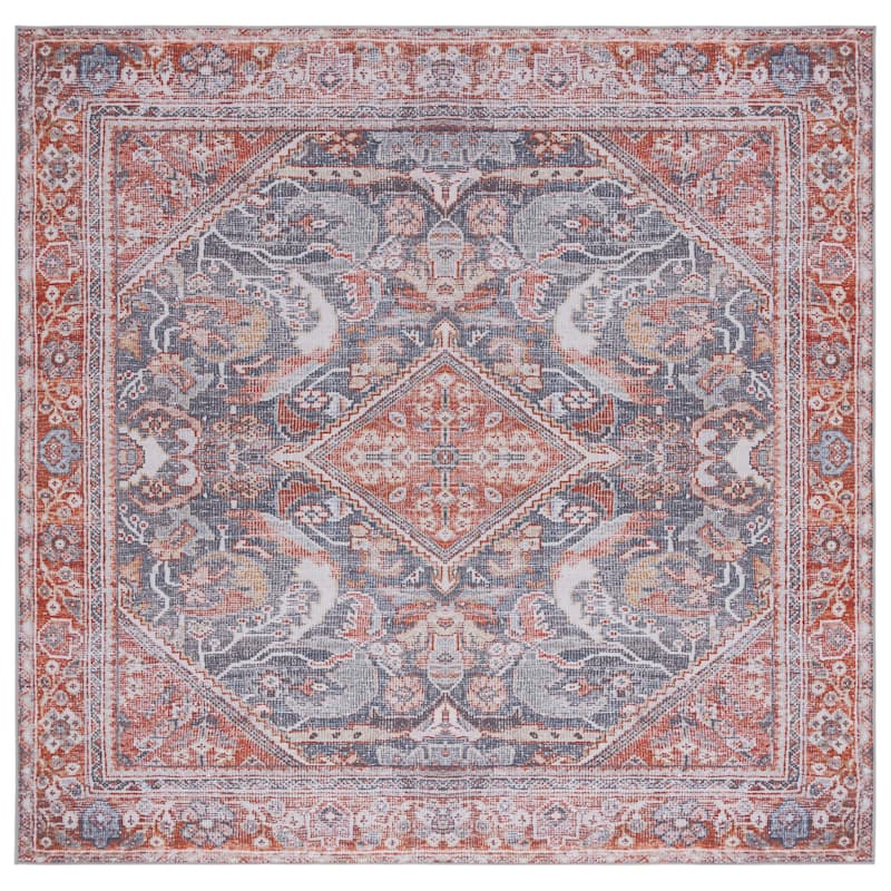 SAFAVIEH Tucson Machine Washable Slip Resistant Urmil Oriental Rug - 6' Square - Grey/Rust