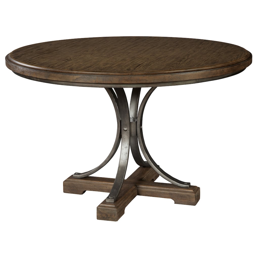 Aged Brown Wood and Pewter-grey Steel Round Dining Table