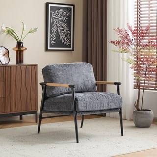27.56" Modern Accent Chair with Plush Cushions, Metal Frame, and Wooden Armrest Design -for Living Room, Bedroom