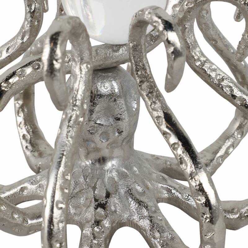 Metal Glass Figurine Octopus Design Metallic Coastal Style - 7" Silver - 7.75" x 7" x 7"