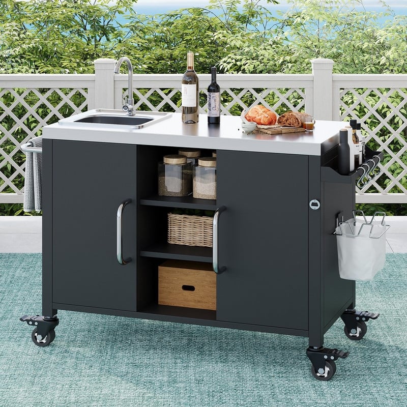 Outdoor Kitchen Island with Sink and Stainless Steel Top for Grilling and Food Preparation