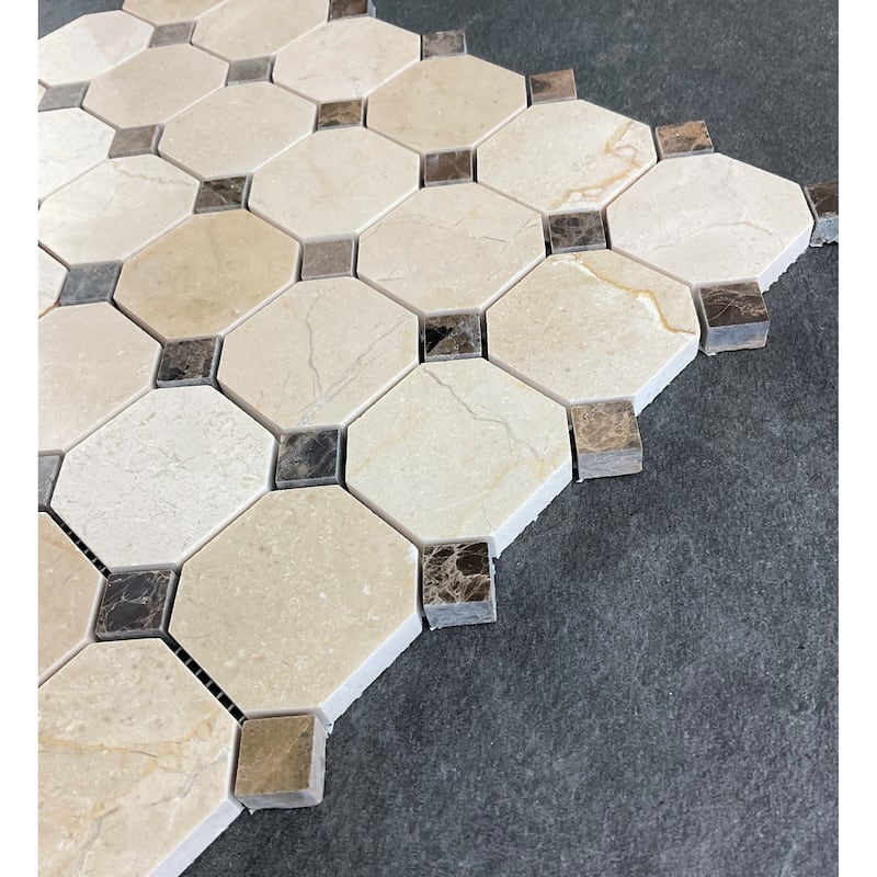 Cream Marfil 2" Octagon with Brown Dot Marble Mosaic Tiles - Case (10 Sheets)
