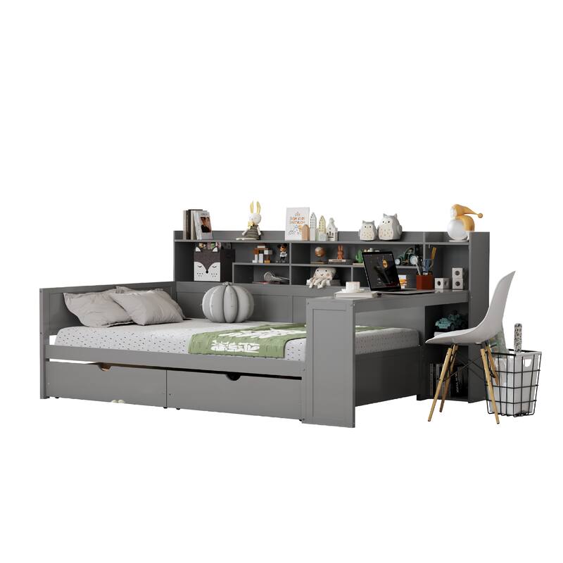 Full Size Wooden Daybed Platform Bed with Recessed Desk Storage Shelves and 2 Drawers Under Bed for Compact Spaces, Bedroom