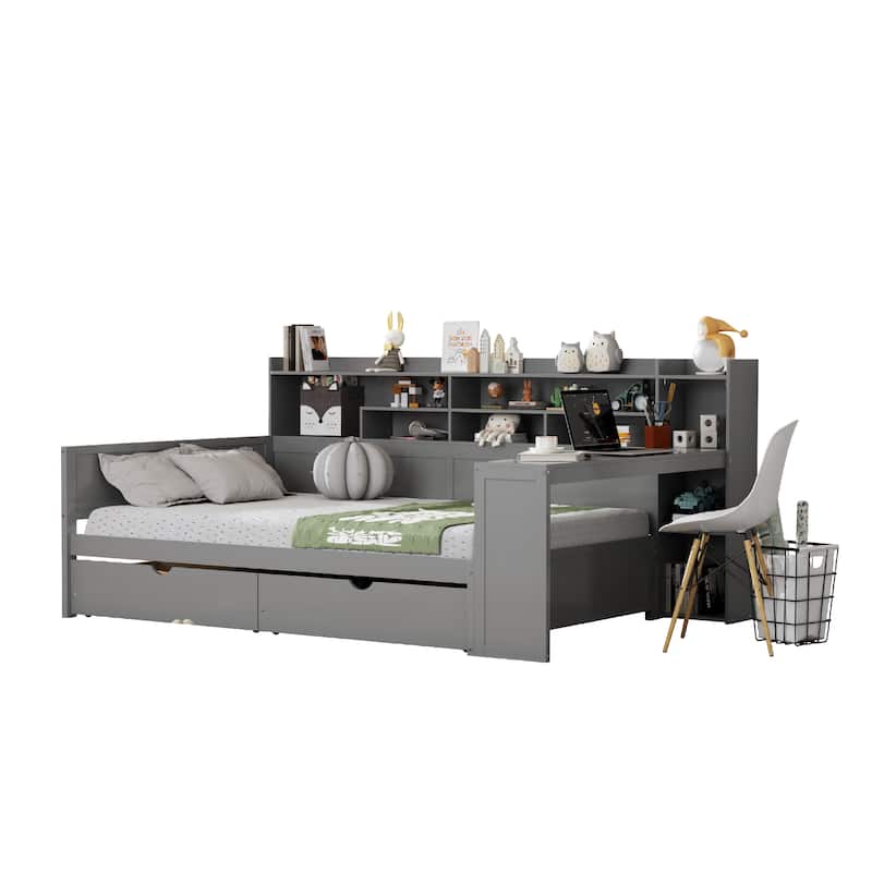 Roomfitters Full Daybed with Storage Shelves, Multi-Functional Bed with Drawers and Study Desk