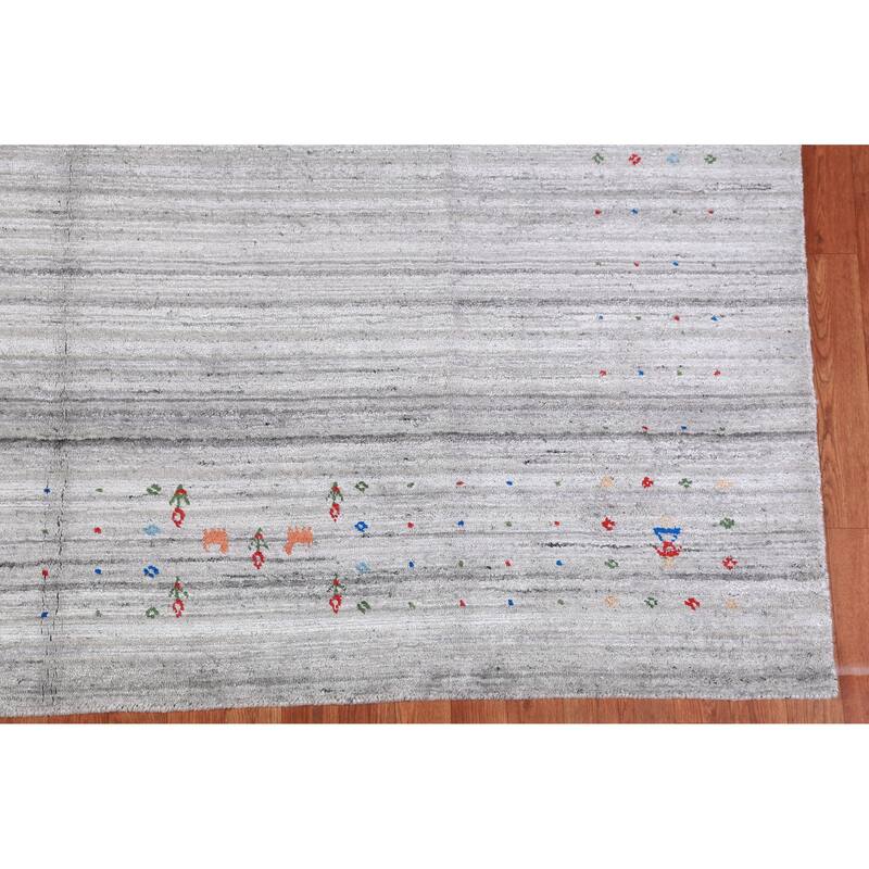 Silver Gray Tribal Gabbeh Indian Area Rug Handmade Wool Carpet - 7'11" x 9'10"