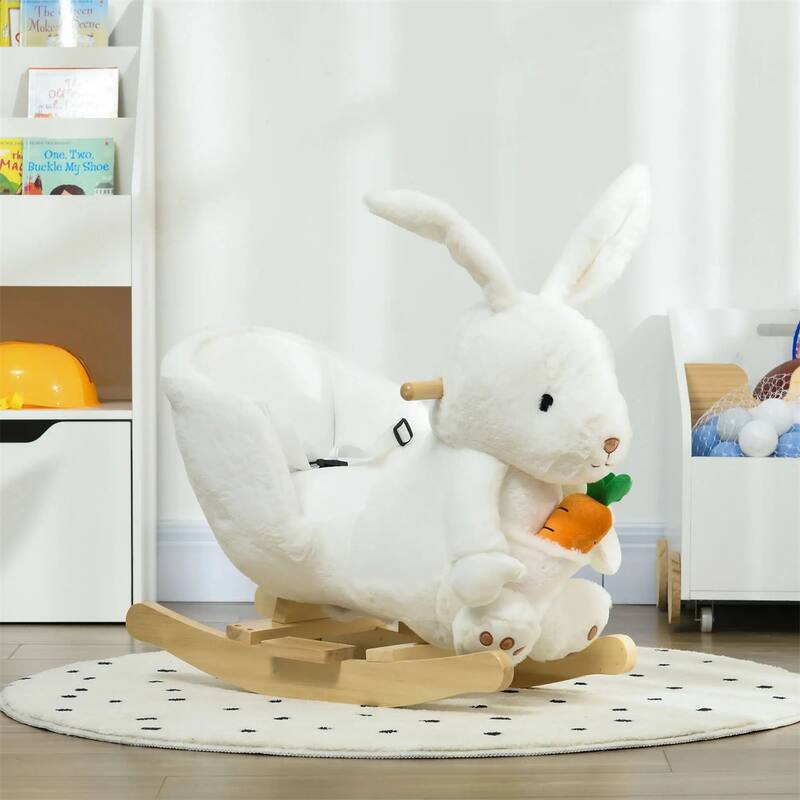 Children’s Bunny Rocking Ride-On with Plush Velvet Body and Sturdy Wood Base Foot Pedals - 23.5" L x 13" W x 19.75" H