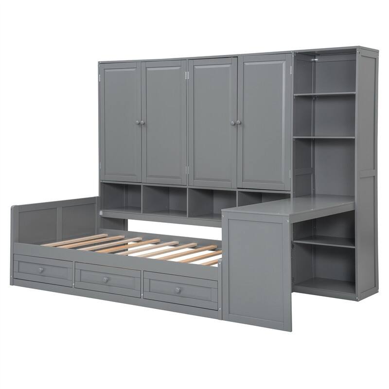 Twin/Full Size Daybed with All-in-One Cabinet and 3 Drawers, Wooden Daybed Frame Sofa Bed with Desk and Storage Shelves