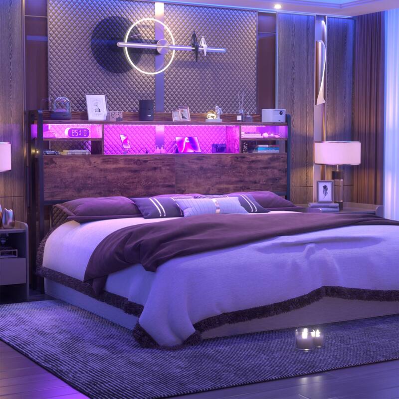 Storage Headboard with USB Port and Power Outlet, Head Board with LED Light for Bed Frame