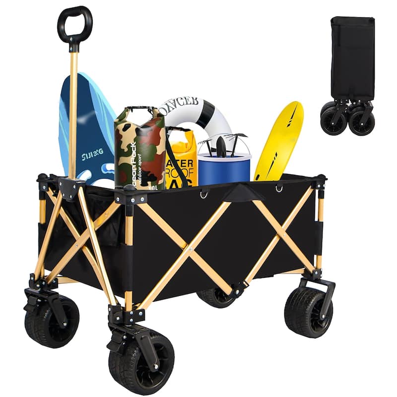 Folding Wagon, Heavy Duty Utility Beach Wagon Cart for Sand with Big Wheels, Adjustable Handle&Drink Holders