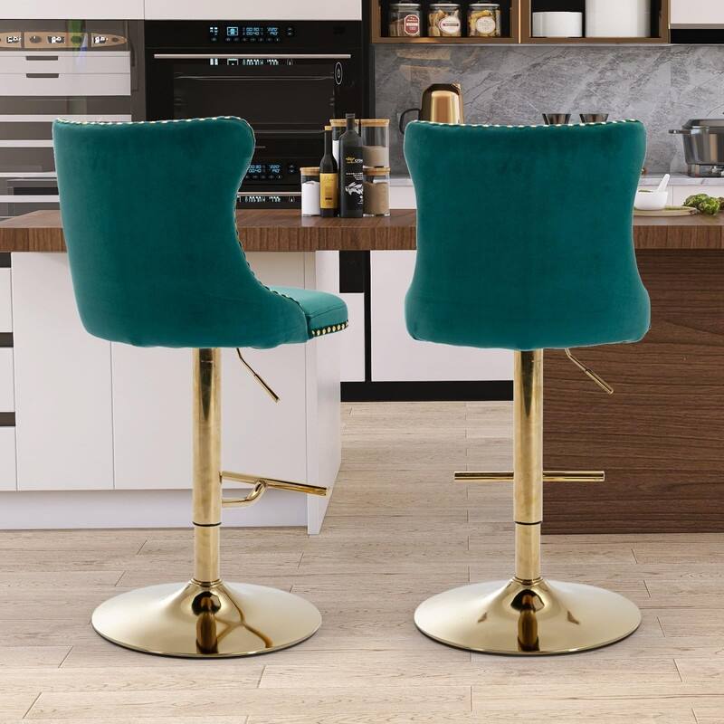 Velvet Upholstered Nailheads Tufted Swivel Bar Stools (Set of 2)