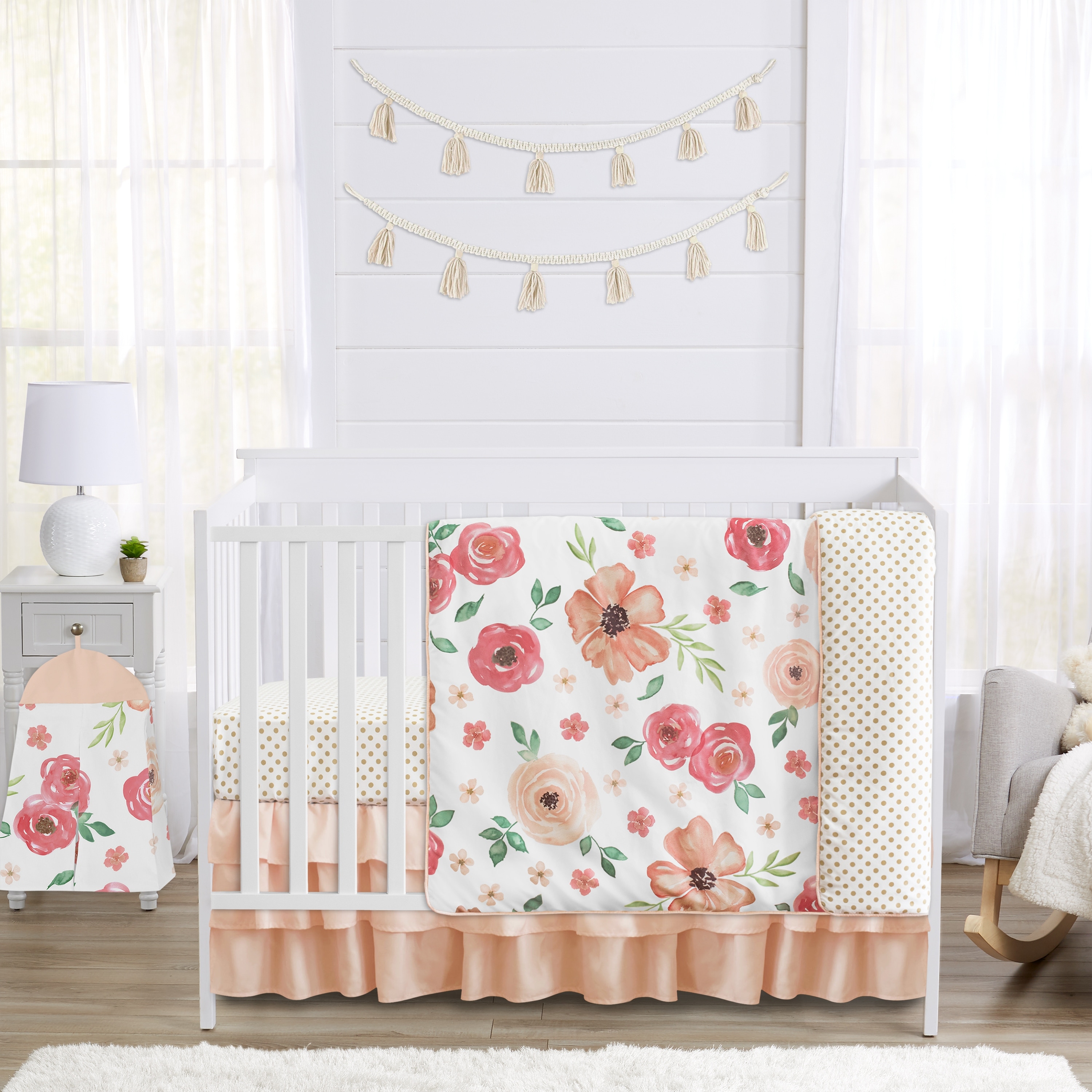 Sweet Jojo Designs Peach and Green Shabby Chic Watercolor Floral Collection Girl 4-piece Crib Bedding Set