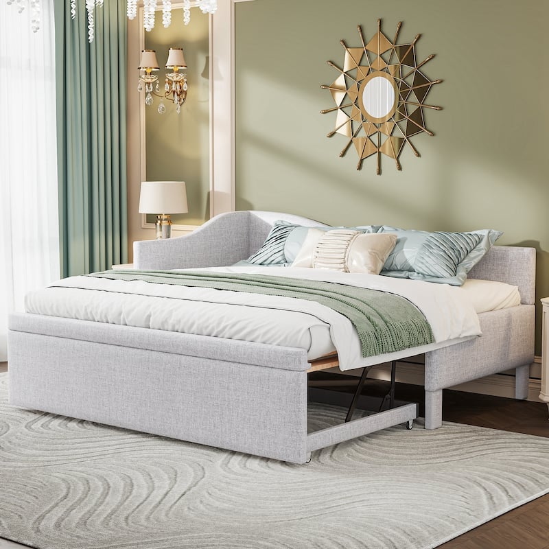 Twin Size Upholstered Daybed with Pop Up Trundle - Beige
