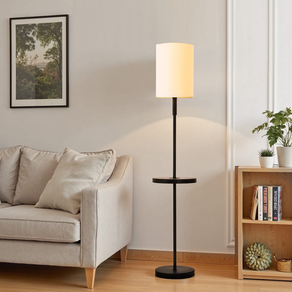 57" Traditional Iron Tray Table Floor Lamp with Linen Drum Shade