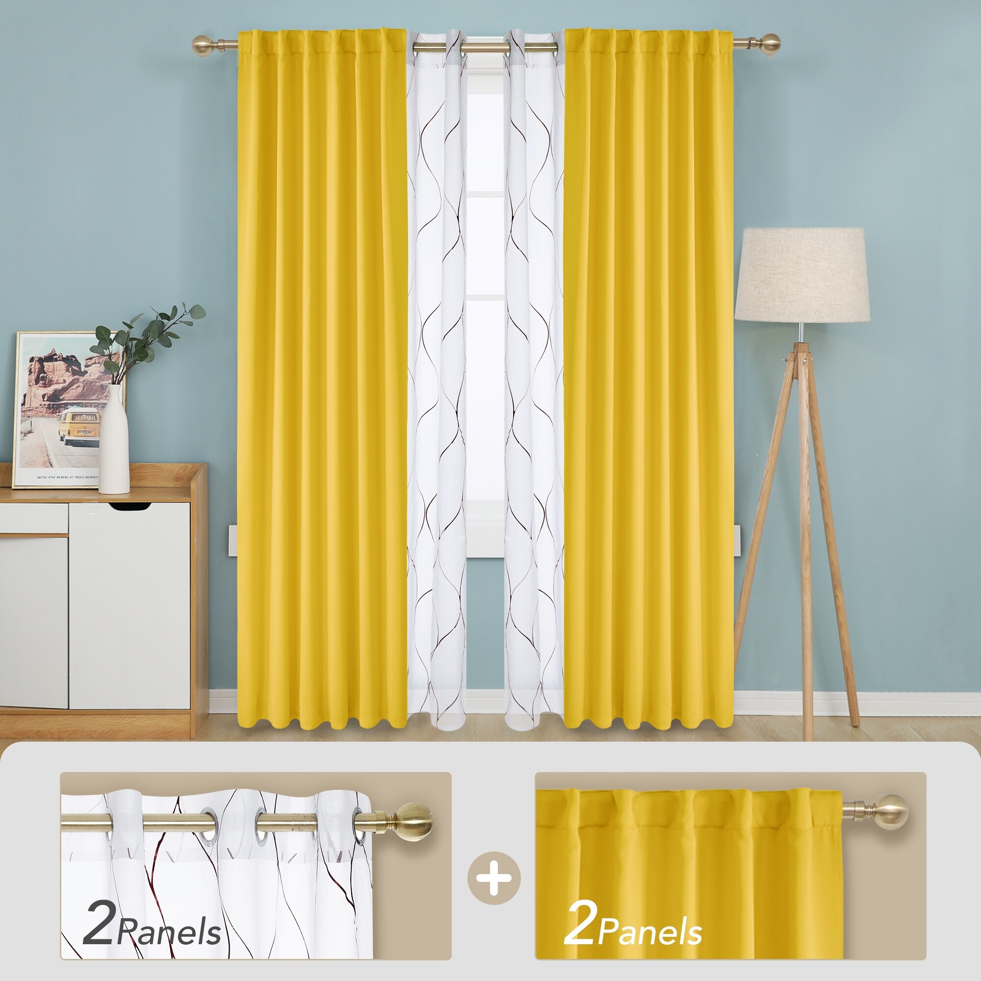 Deconovo Mix & Match Blackout and Bronze Print White Sheer 4 Piece Curtain Panel Set