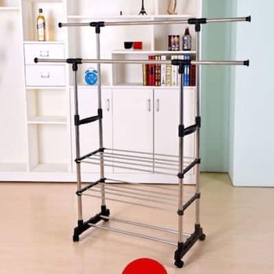 Dual-bar Stretching Stand Clothes Rack with Shoe Shelf