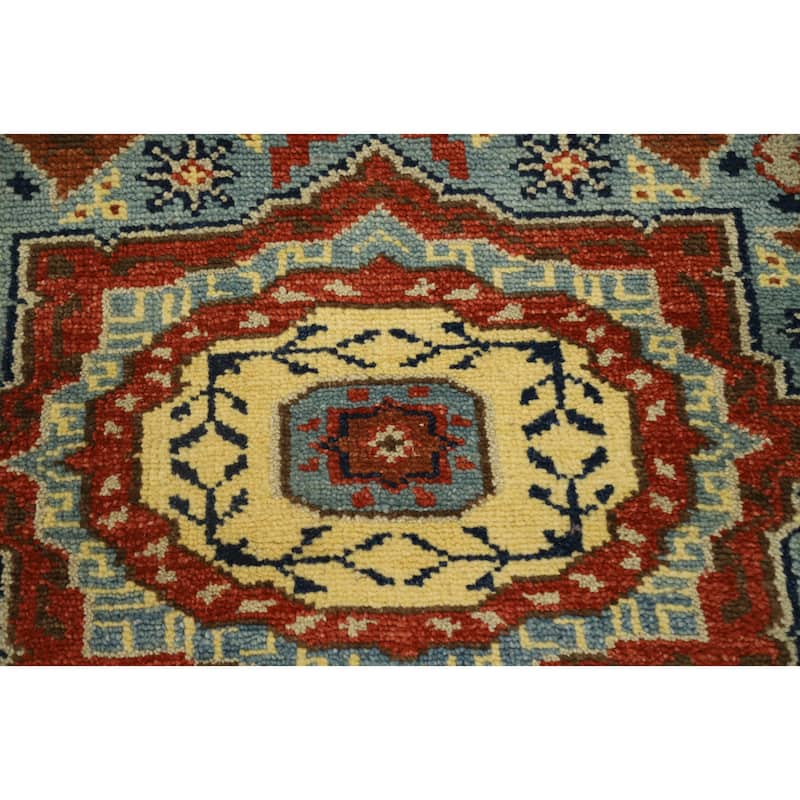 Hand Knotted Oriental 100% Wool Carpet Traditional Geometric Navy Blue & Blues Kazak Runner Rug - 7' 11'' X 2' 5''