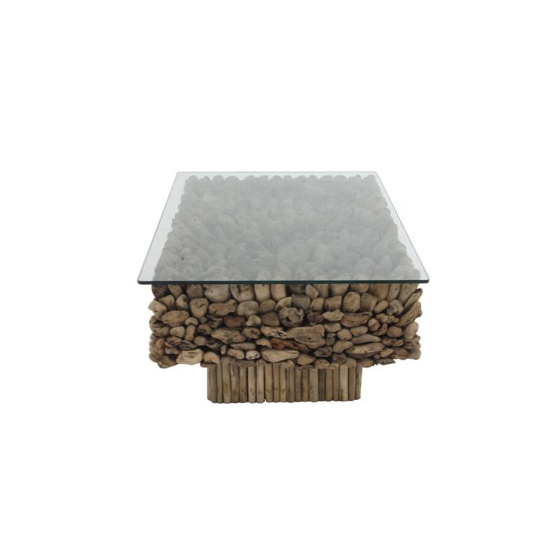 Driftwood Handmade Stacked Collage Coffee Table with Tempered Glass Top and Pedestal Base - Brown - Roche River Decor