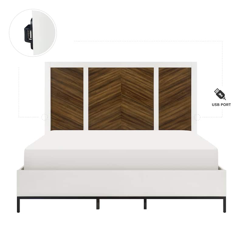 White and Walnut Finish 5pc Bedroom Set Bed Two Nightstands Dresser Mirror