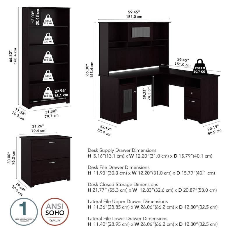 Cabot 60W L-Desk with Hutch, Cabinet and Bookcase by Bush Furniture
