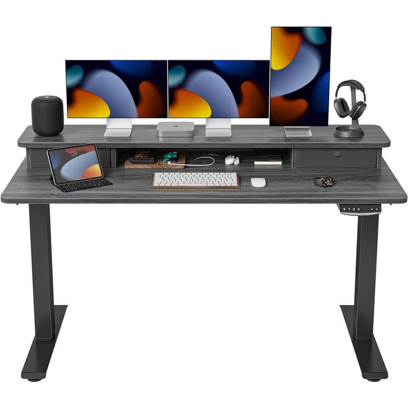 FEZIBO Height Adjustable Electric Standing Desk with Double Drawer, Stand Up Desk with Storage Shelf, Sit Stand Desk