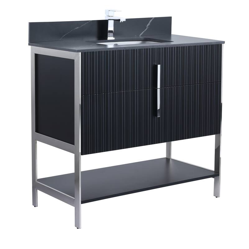 Fine Fixtures Serenity Modern Bathroom Vanity with Black Sintered Stone Top - Black Matte - Chrome Hardware - 36 inch
