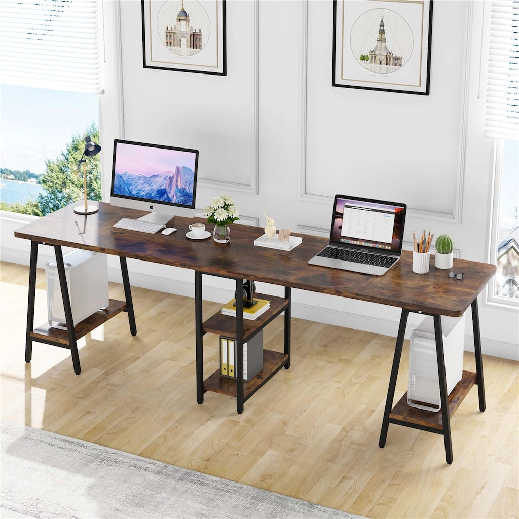 Computer Desk, Extra Long Two Person Desk with Shelves