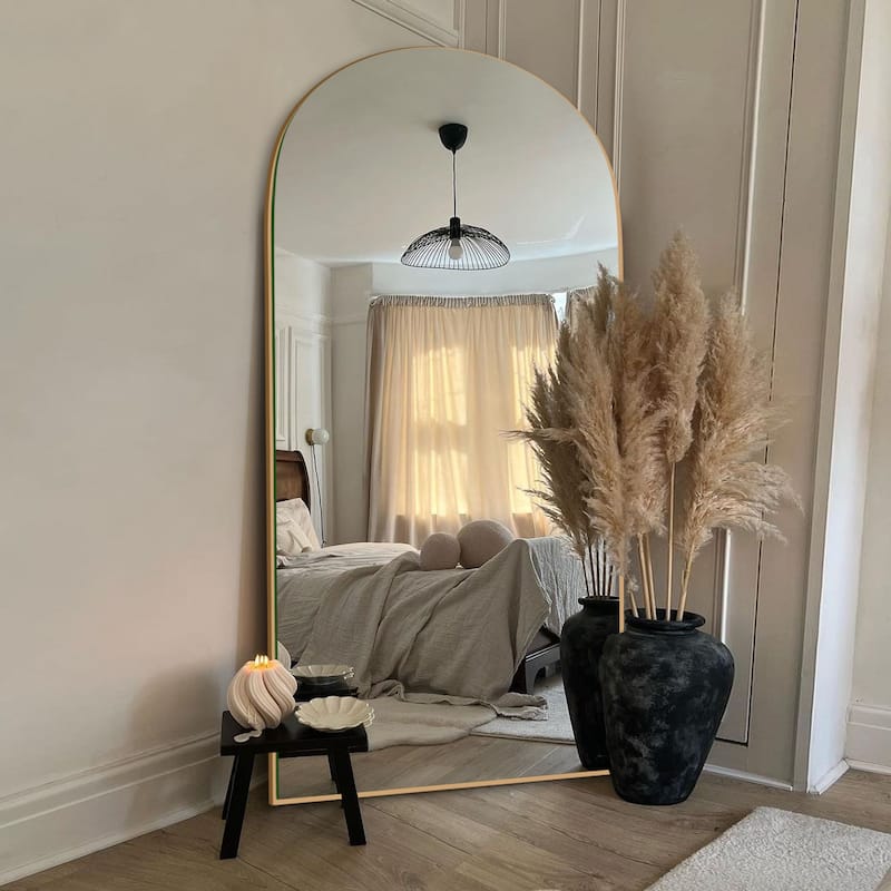 Modern Arched Full-Length Wood Floor Standing Mirror - 70.5x27.5 - Gold