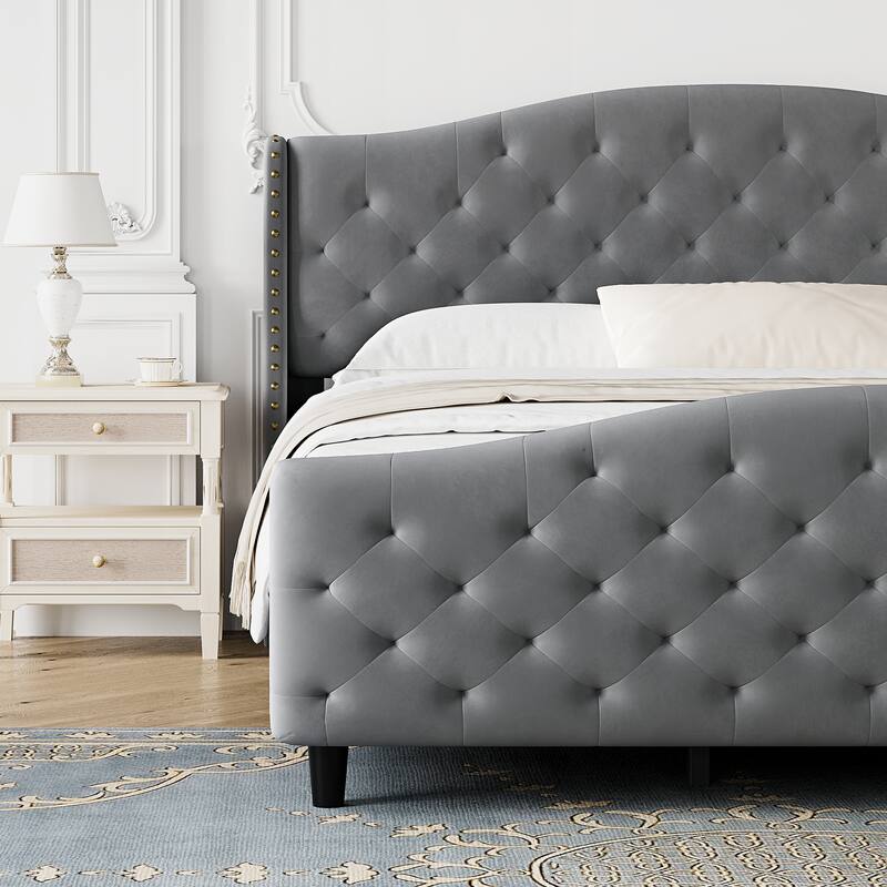 Elam Grey Tufted Upholstered Platform Bed Frame with Headboard and Footboard